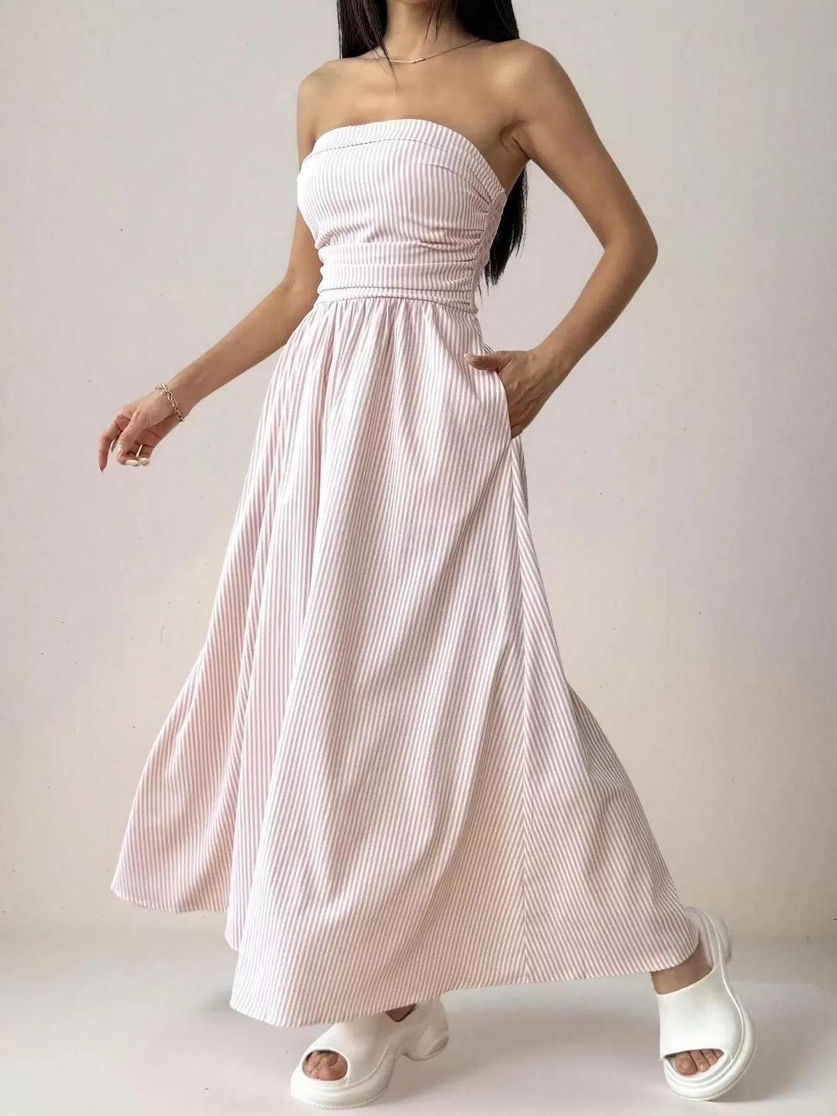 Smocked Strapless Striped Maxi Dress by Calliope