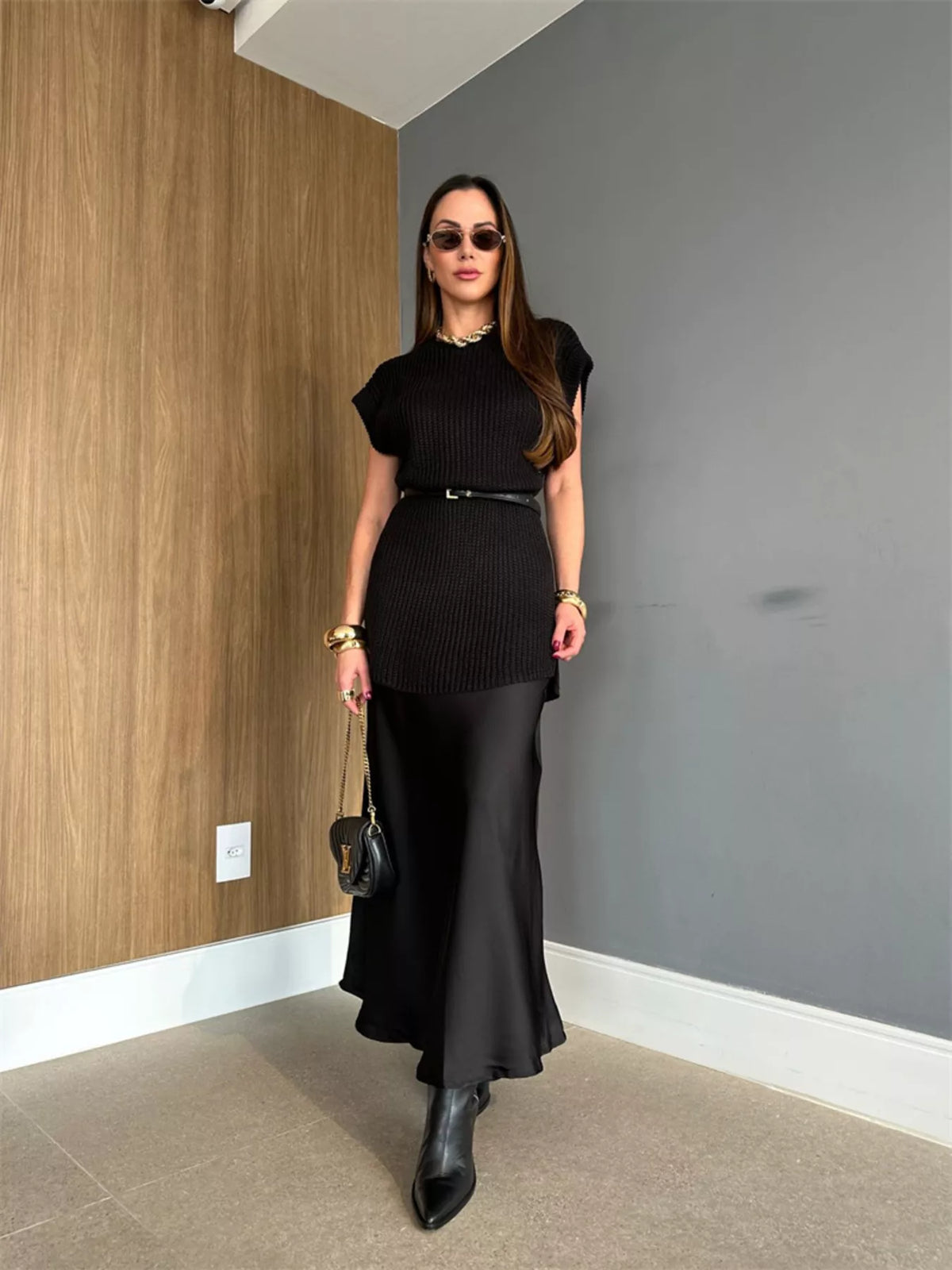 Ribbed Sweater Dress in Black