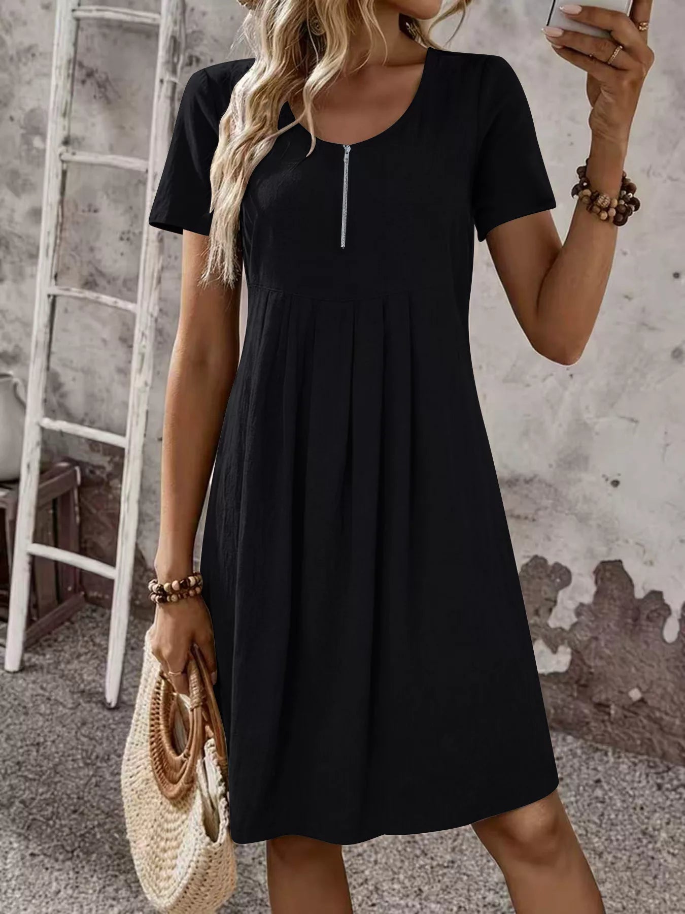 Zipper-Front Pleated A-Line Dress