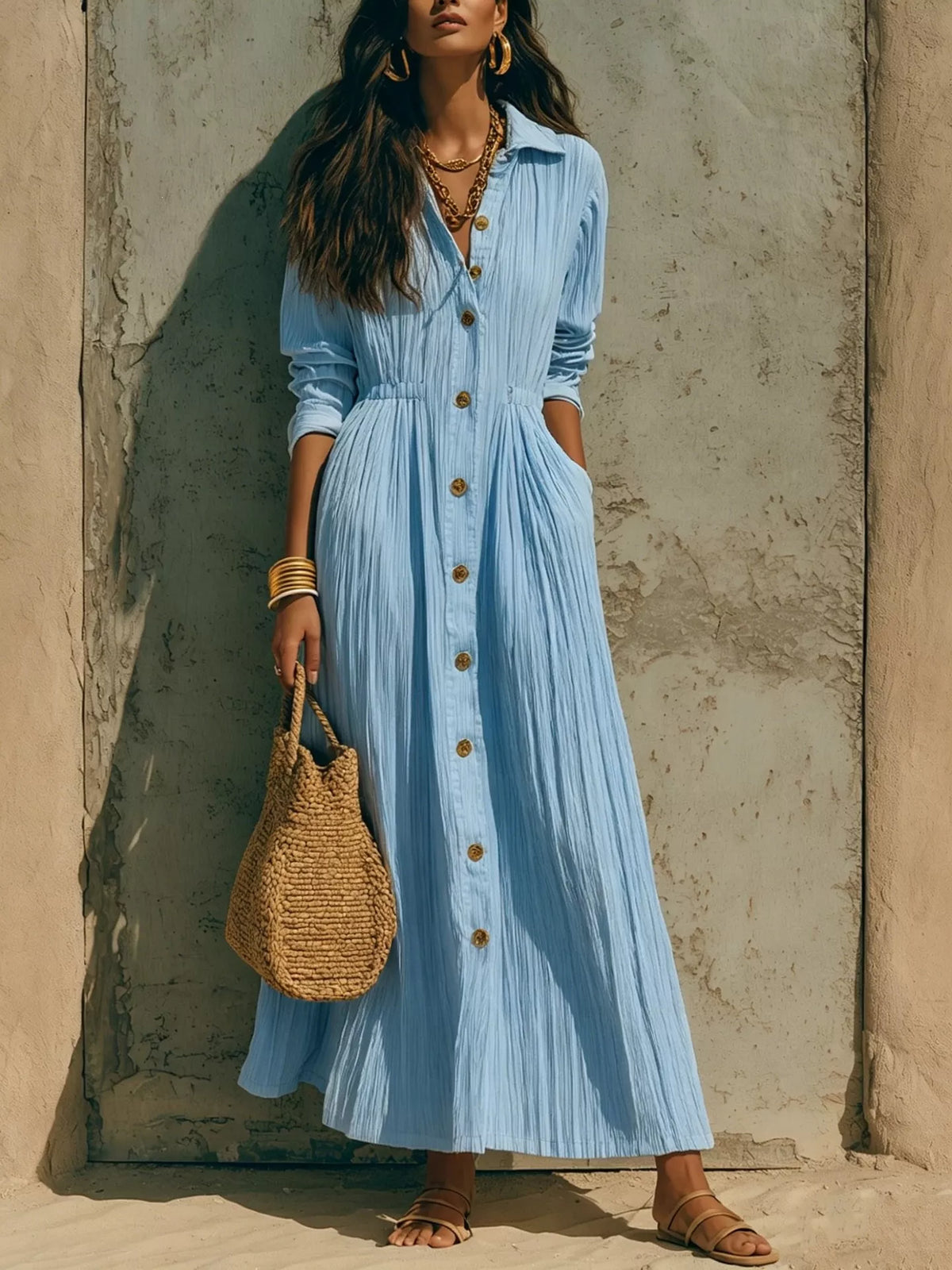 Textured Button Front Long Sleeve Maxi Dress