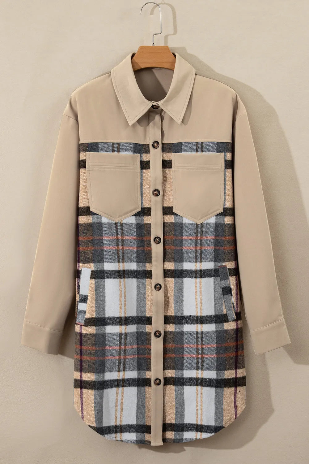 Pocketed Plaid Long-Sleeve Mini Shirt Dress in Khaki
