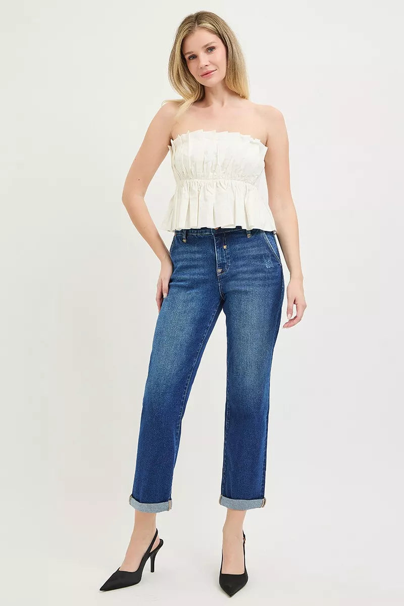 Risen Slouchy Cropped Boyfriend Jeans in Dark Wash