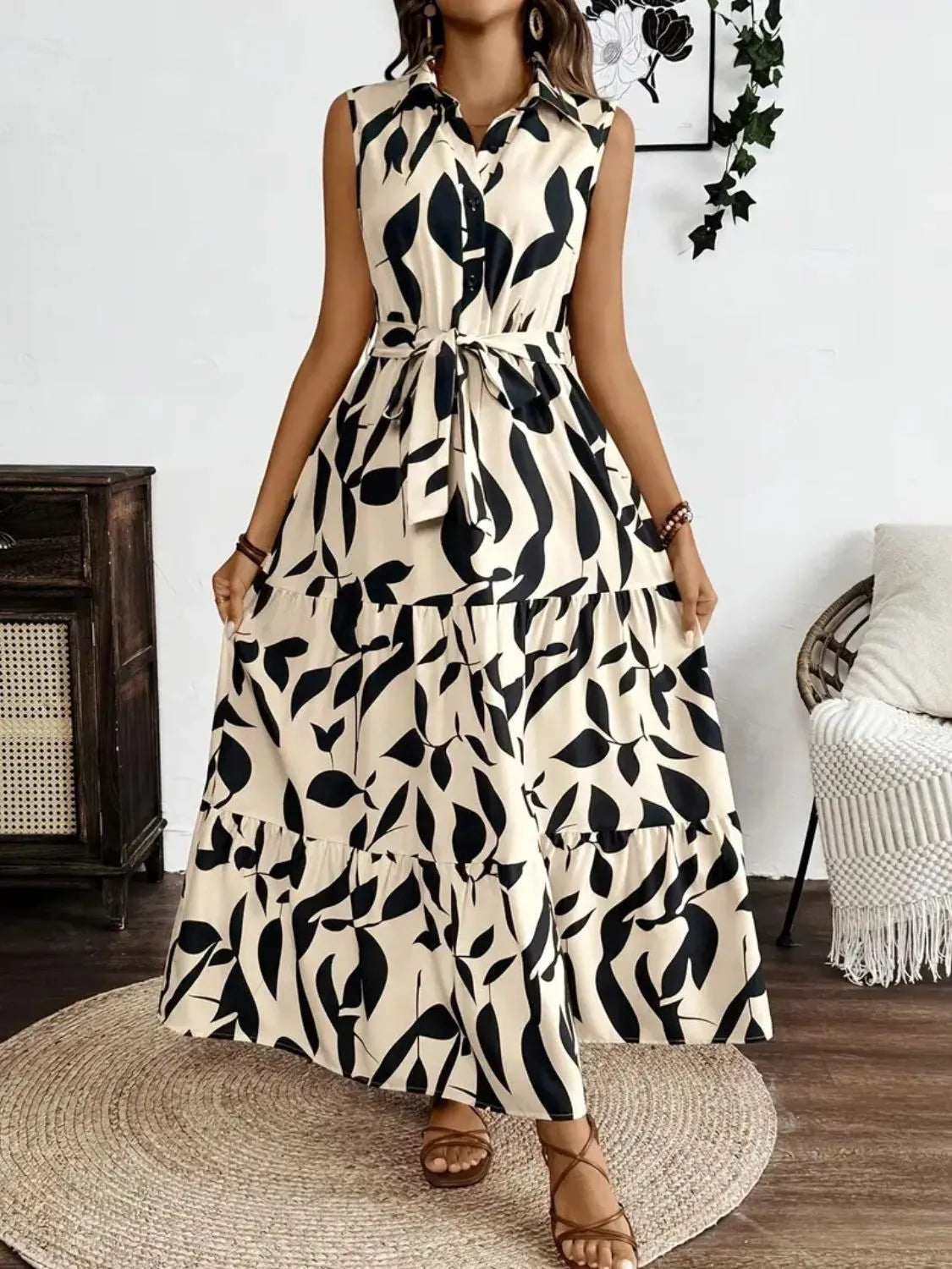 Printed Button-Front Tie-Waist Maxi Dress