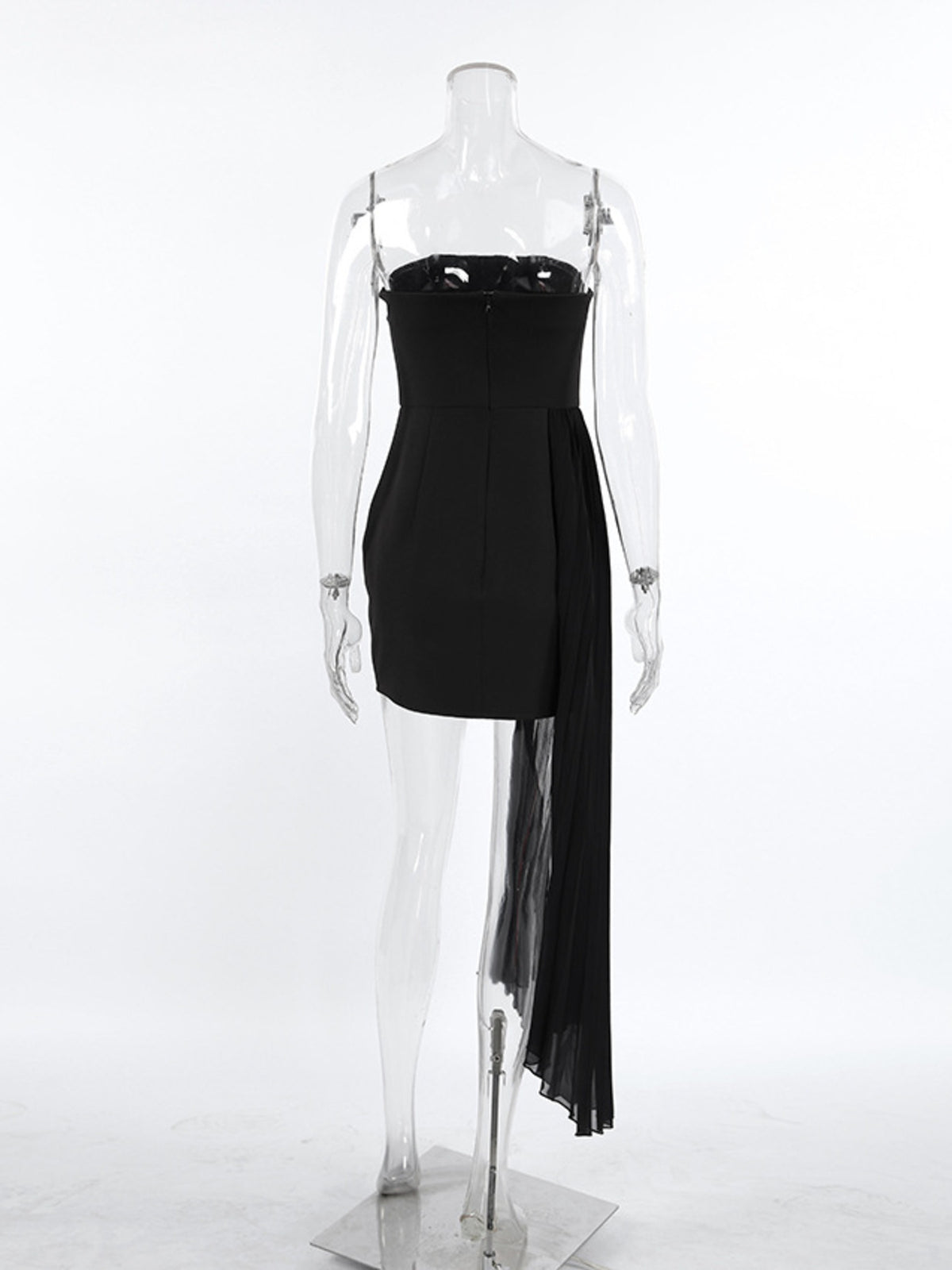 Asymmetrical Pleated Tube Mini Dress in Black