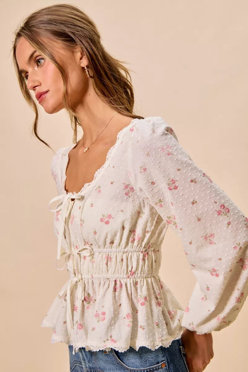 So Me Floral Clip Dot Lace Trim Blouse in White