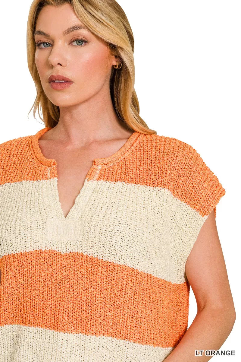 Zenana Split Neck Sleeveless Stripe Sweater in Light Orange in Lt orange
