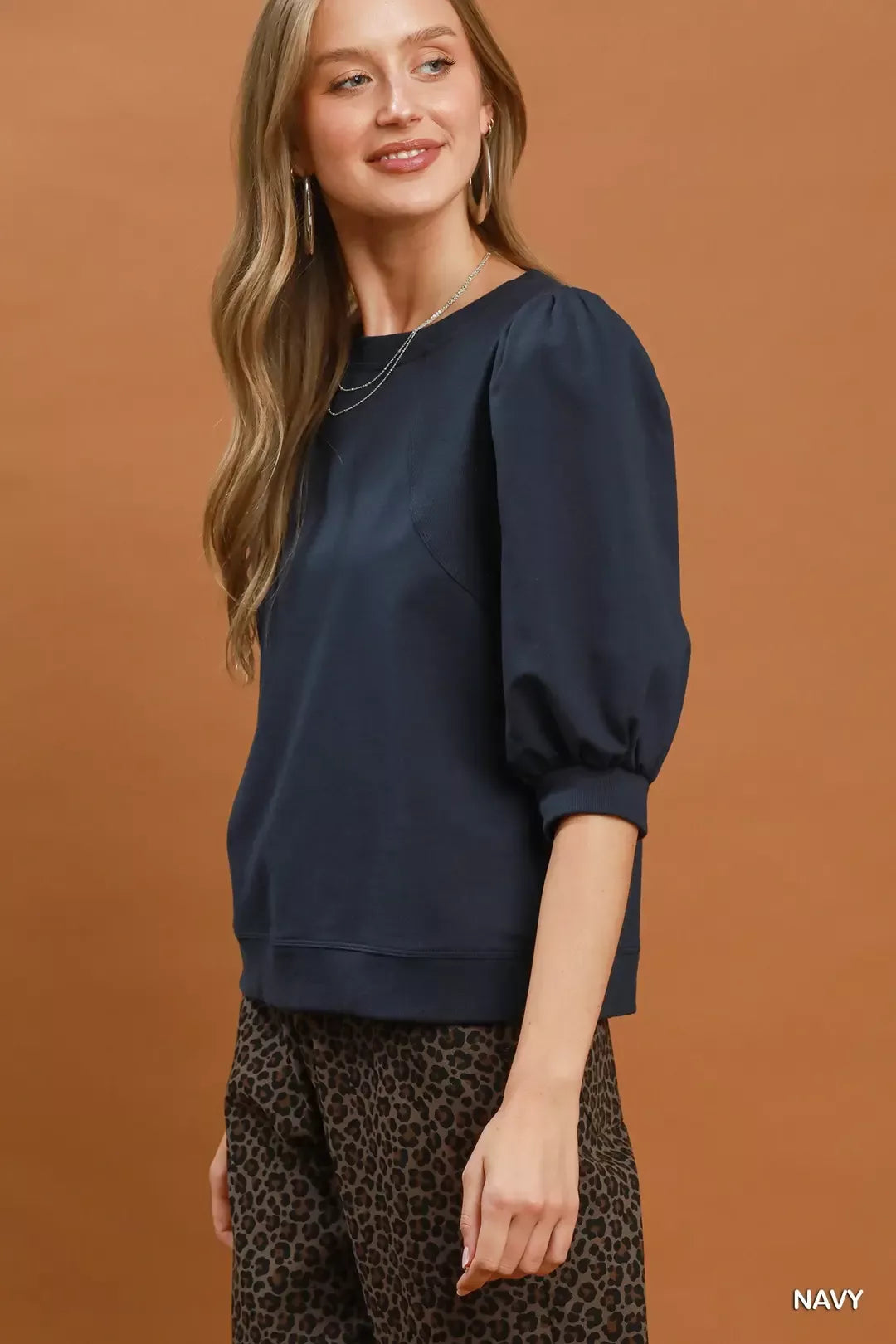 Umgee Puff Sleeve Sweatshirt in Navy