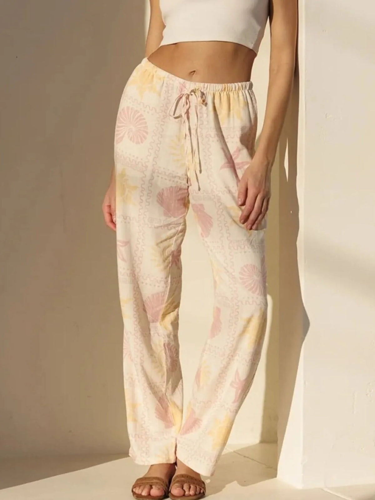 Printed Drawstring Straight Pants in Apricot