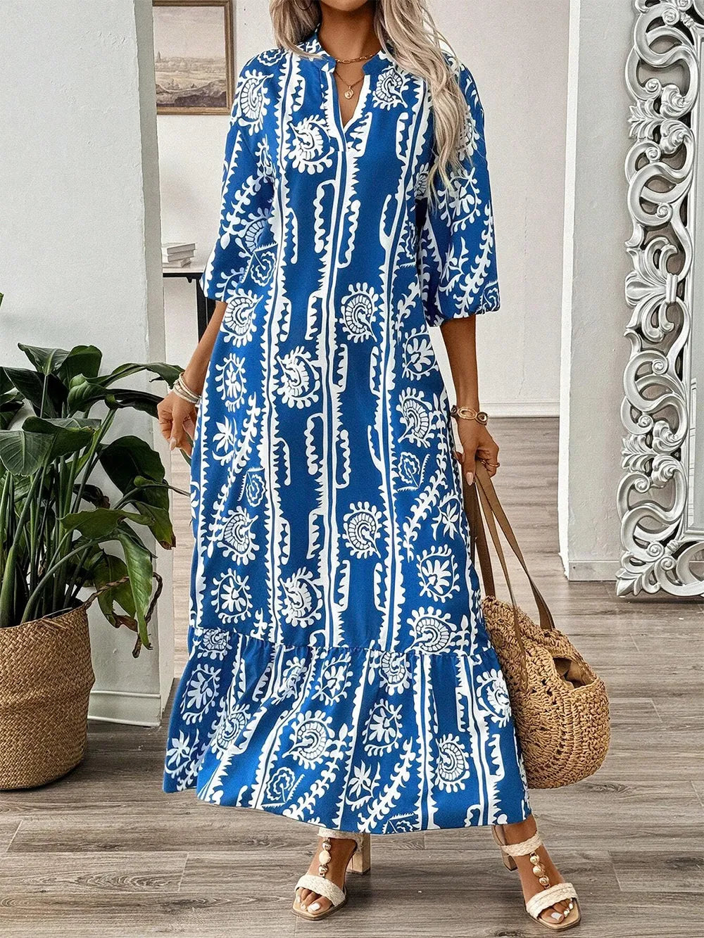 Notched Half Sleeve Maxi Dress in Blue