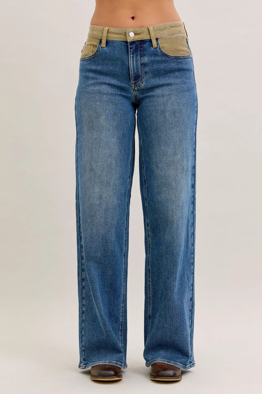 Judy Blue Medium Wash Column Straight Jeans with Corduroy Waist in Md