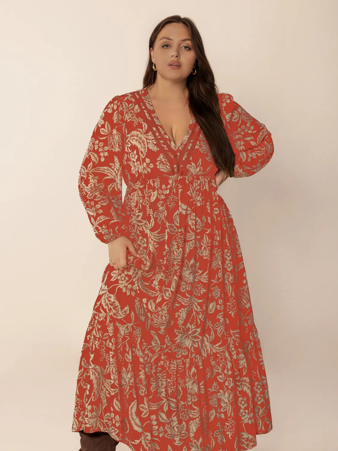 Ruched Lace Detail Midi Dress in Orange-Red