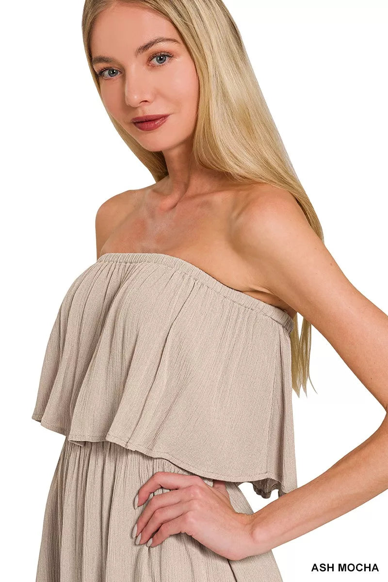 Zenana Woven Crinkle Strapless Maxi Dress in Ash Mocha