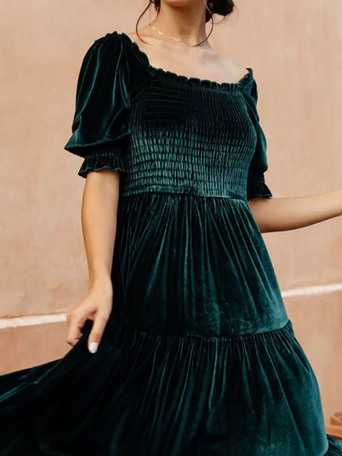Smocked Tiered Velvet Midi Dress