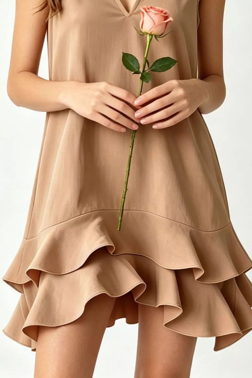 Sleeveless V-Neck Ruffle Hem Mini Dress in Taupe