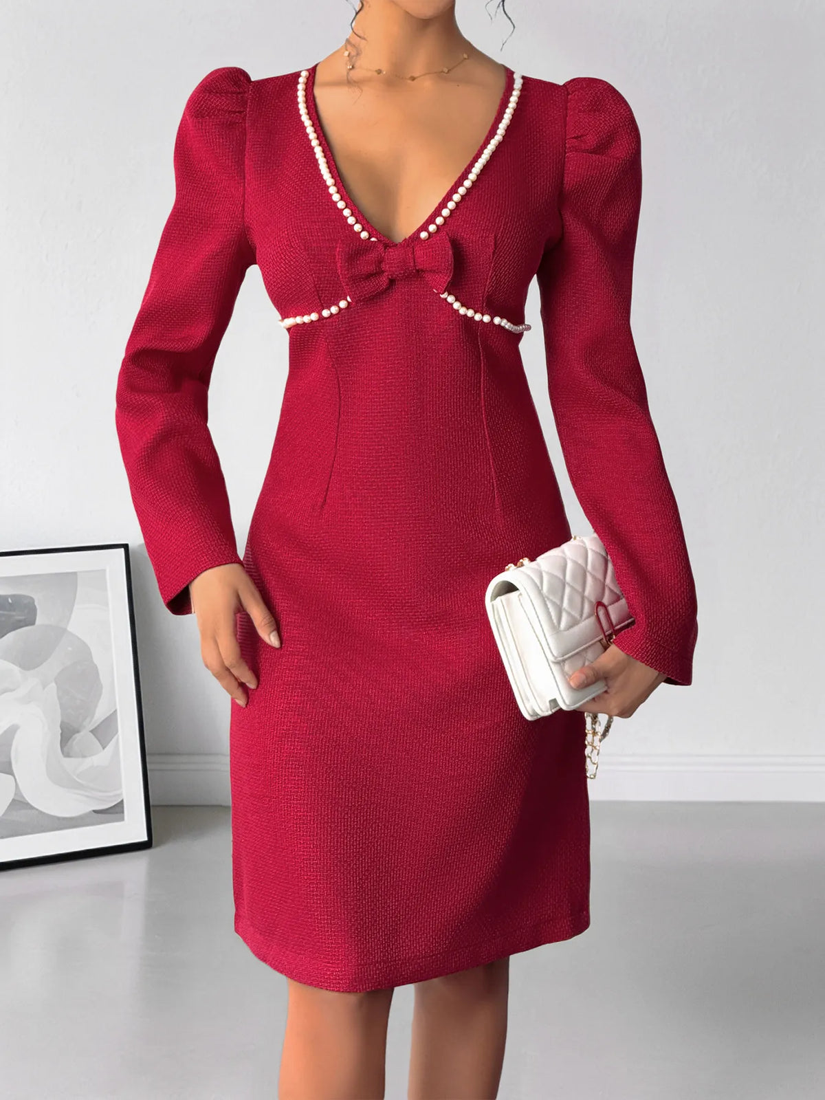 Pearl Trim V-Neck Long Sleeve Bodycon Dress in Red