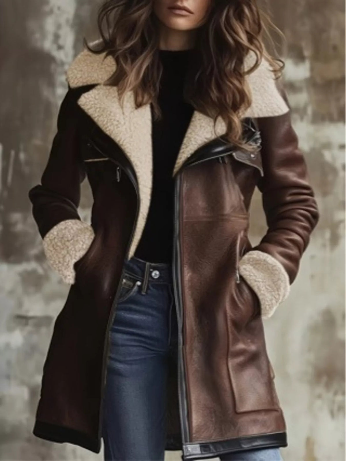 Zip-Up Sherpa Leather Jacket with Pockets