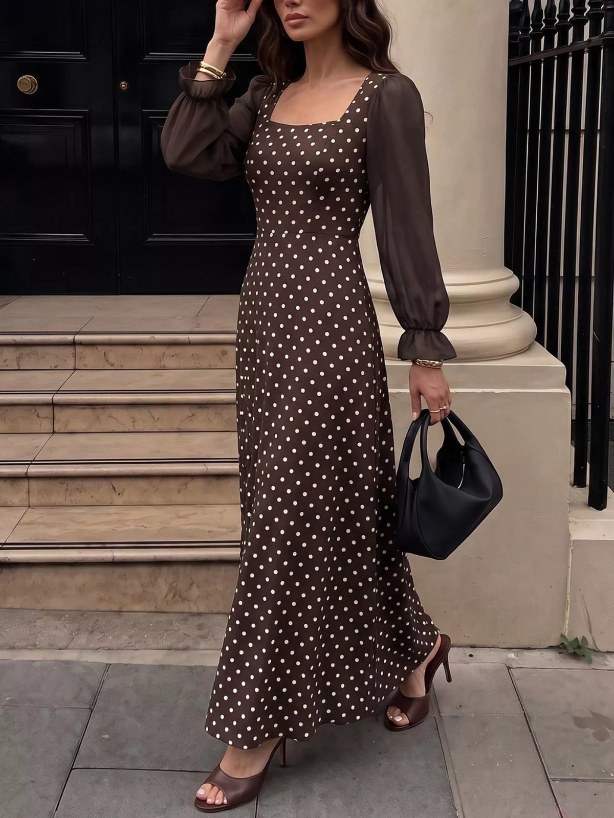Polka Dot Square Neck Maxi Dress in Brown