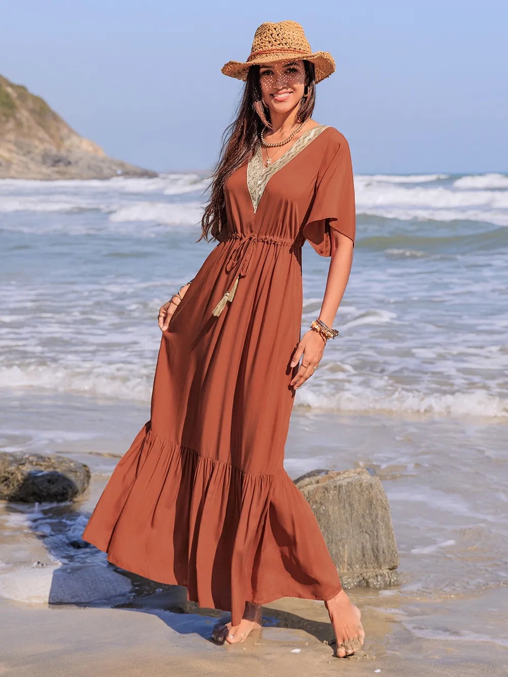Ruffled Tassel Flutter Sleeve Dress in Terracotta