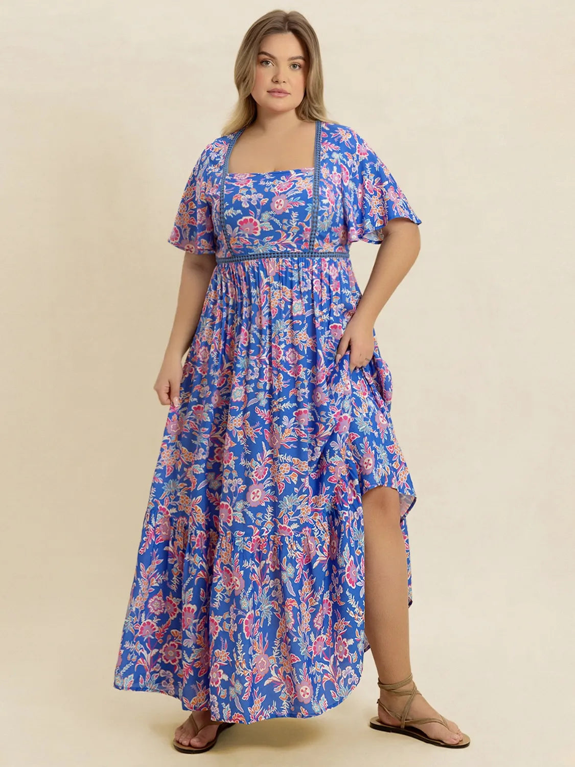 Plus-Size Ruched Short Sleeve Dress in Blue Purple