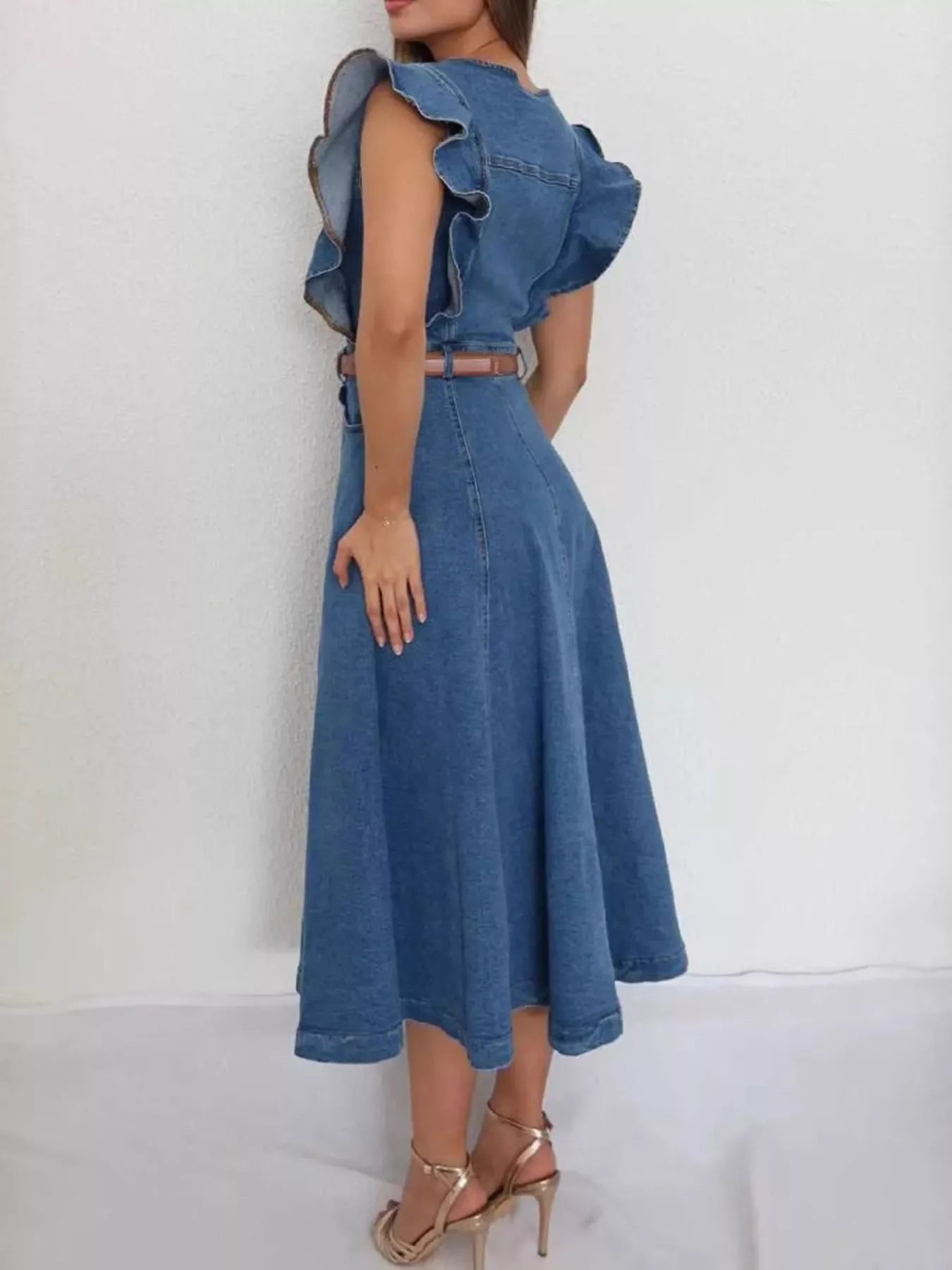 Ruffled Button-Front Denim Dress in Blue