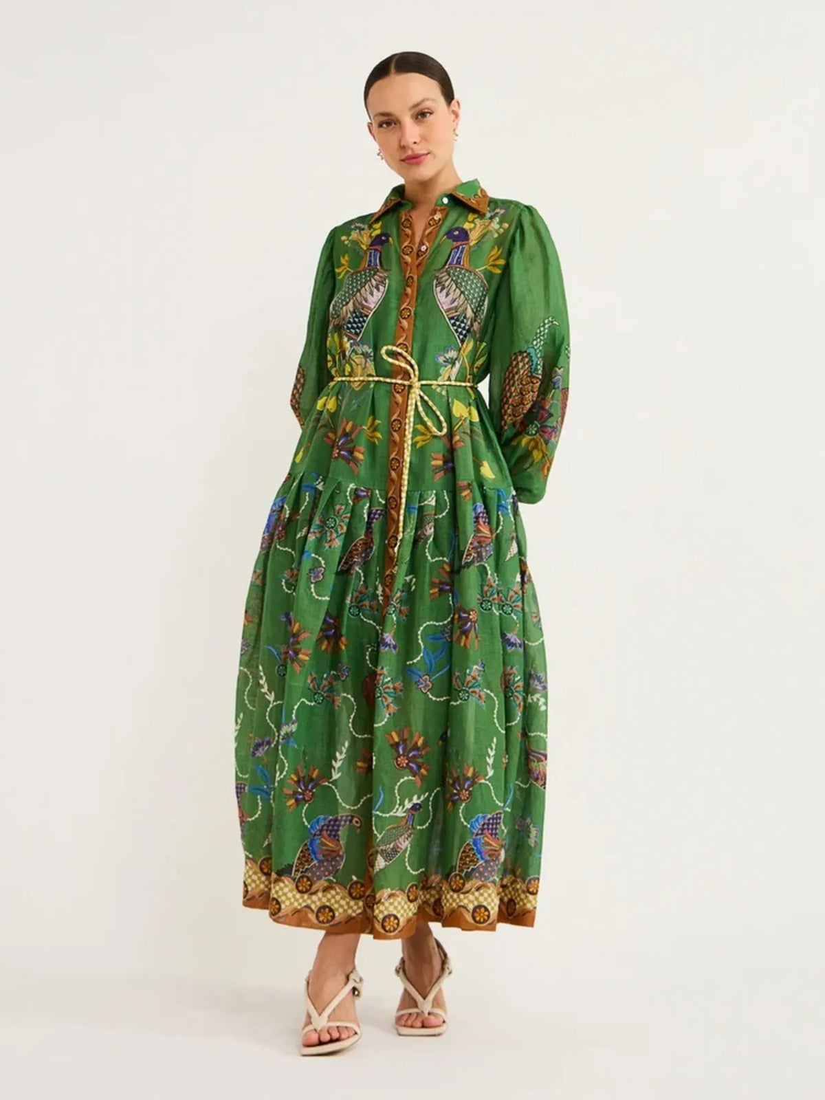 Printed Lantern Sleeve Shirt Dress in Green