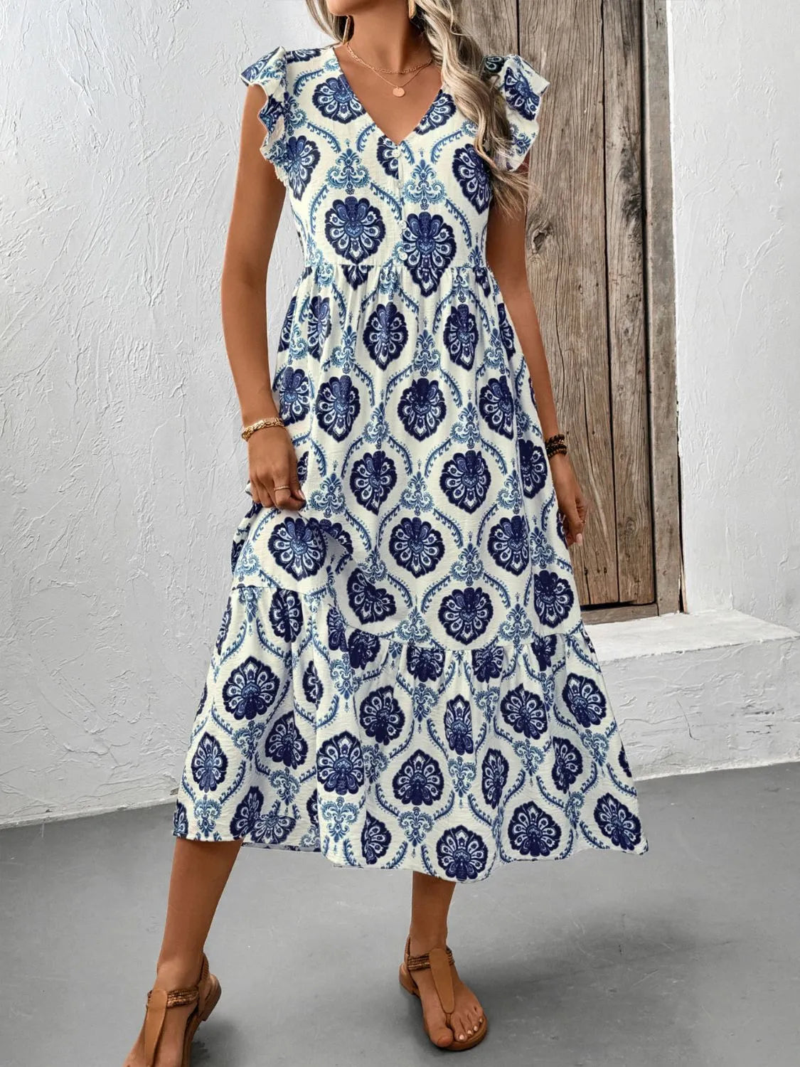 Printed V-Neck Cap Sleeve Dress in Dark Blue