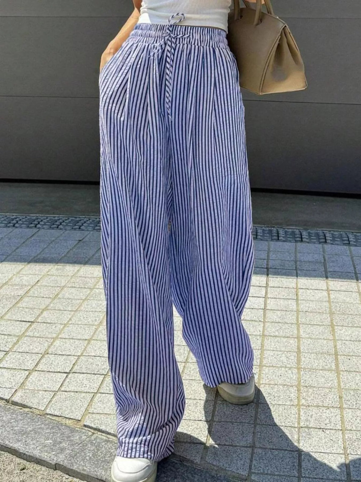 Striped Drawstring Wide Leg Pants