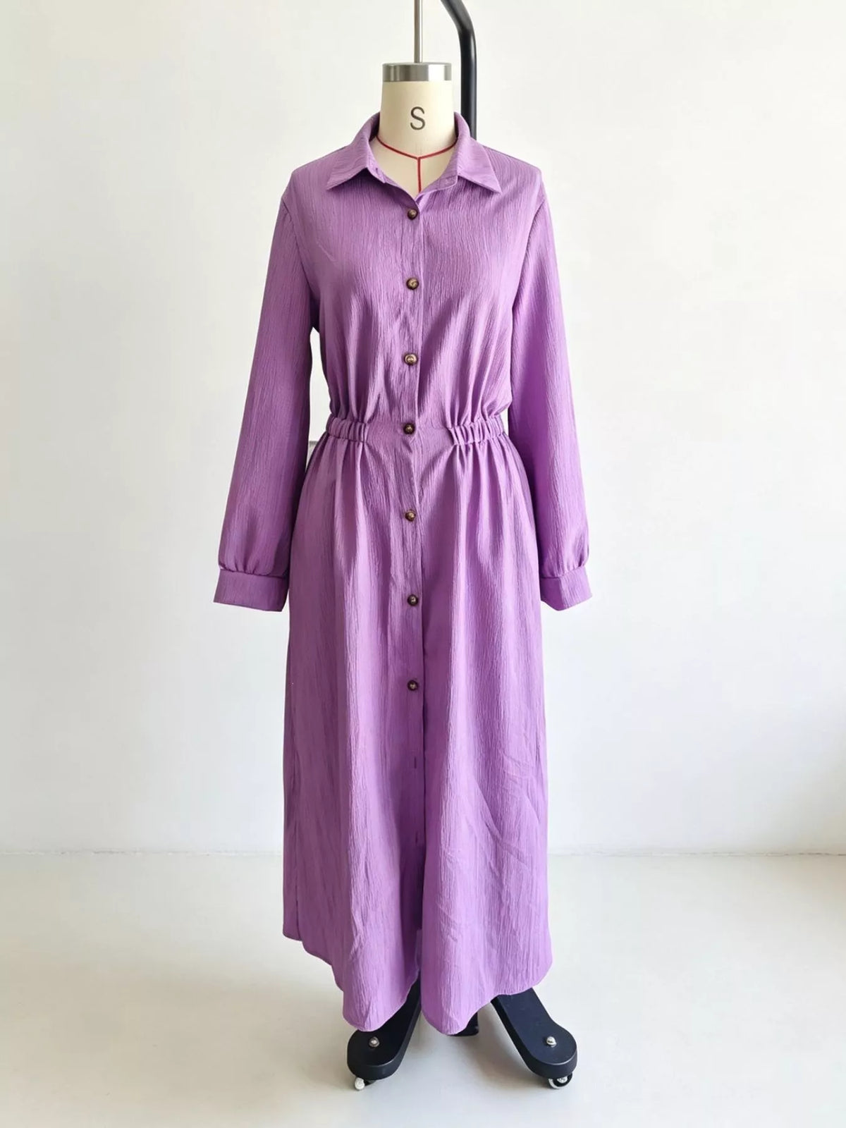 Textured Button Front Long Sleeve Maxi Dress
