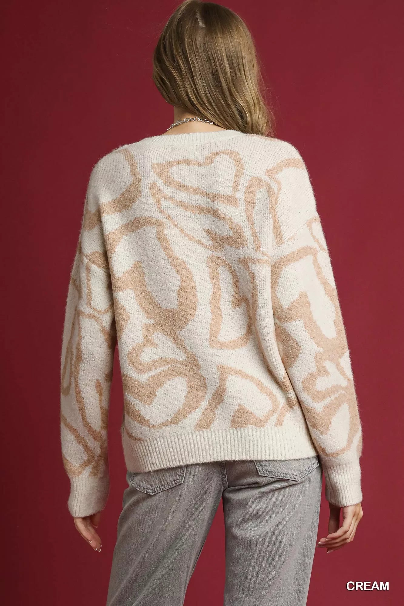 Umgee Heart Print Crew Neck Sweater in Cream
