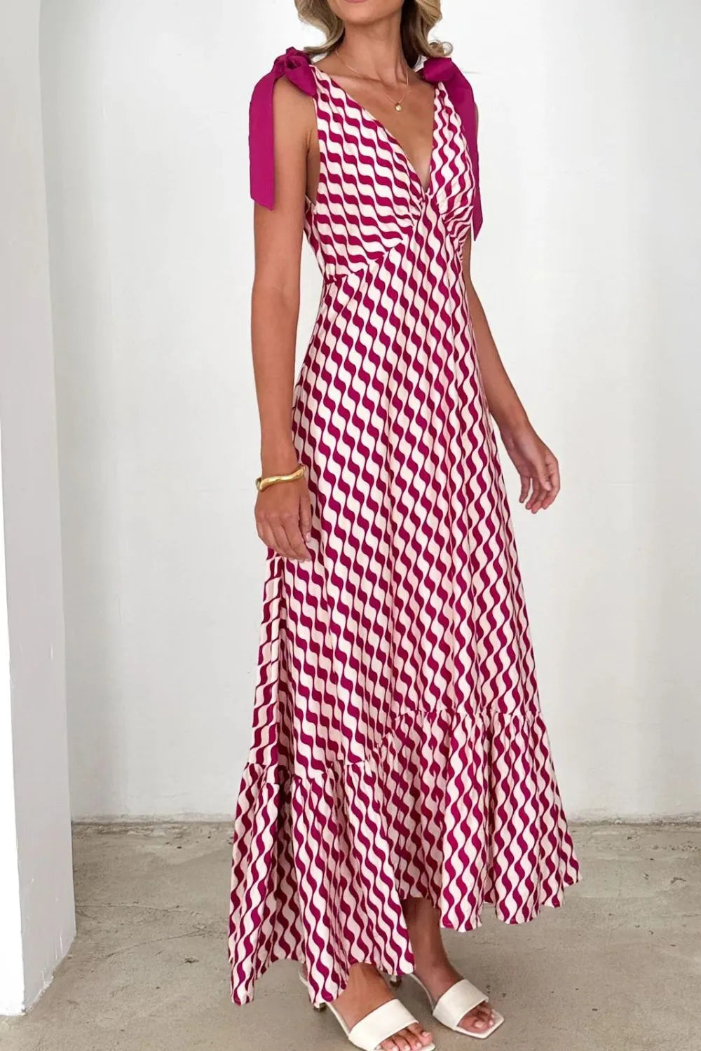 Printed Tie-Shoulder Ruched V-Neck Midi Dress