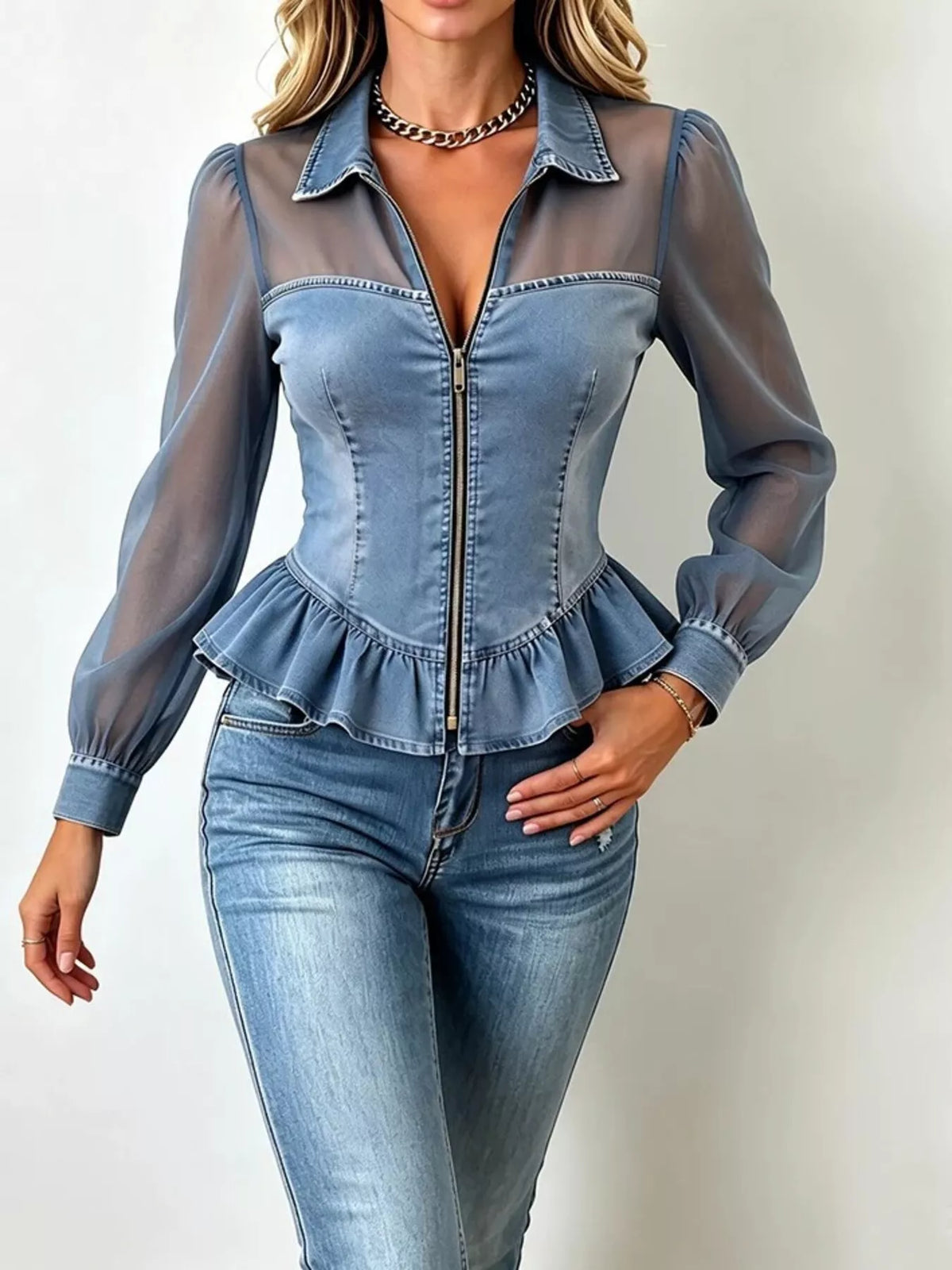 Mesh Sleeve Peplum Denim Top in Dusty Blue
