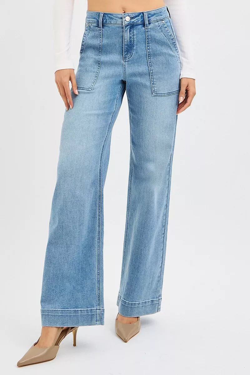 Risen High Rise Straight Leg Jeans in Medium Wash