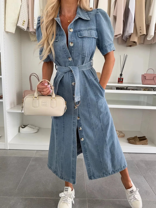 Puff Sleeve Denim Midi Dress in Blue