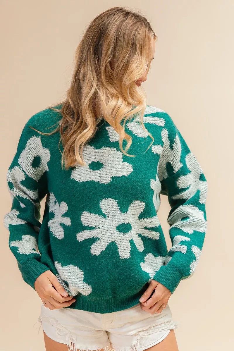 Flower Pattern Long Sleeve Sweater Top in Hunter by BiBi
