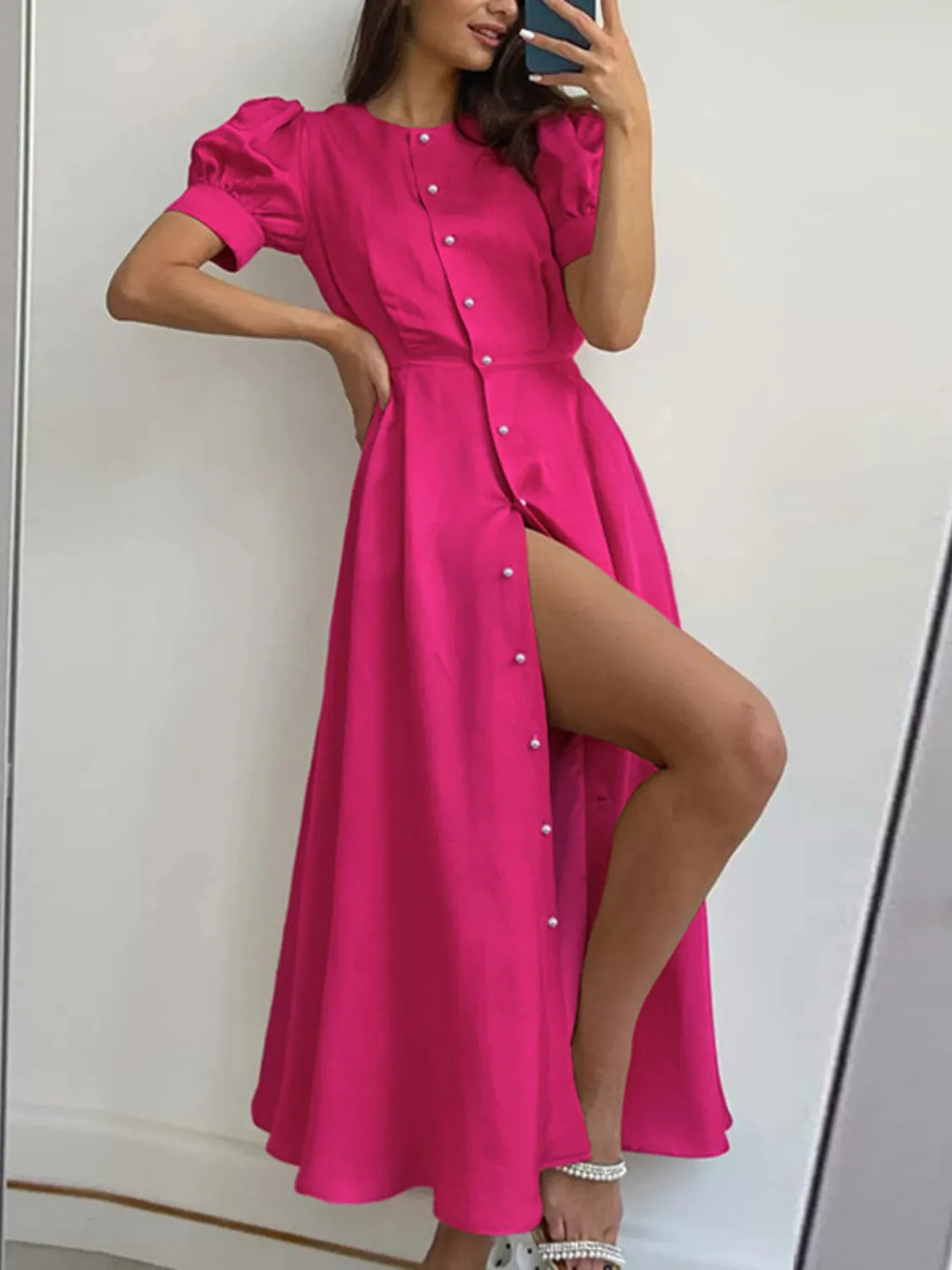 Button-Down Short Sleeve Dress in Hot Pink