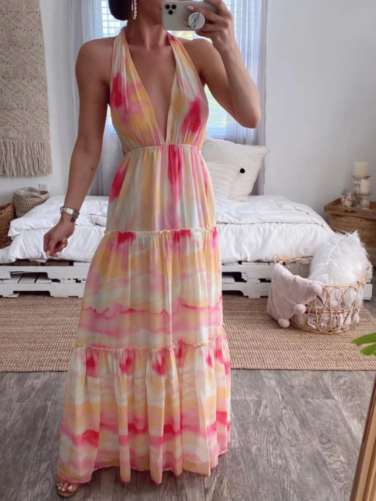 Tie-Dye Tiered Maxi Dress in Pink