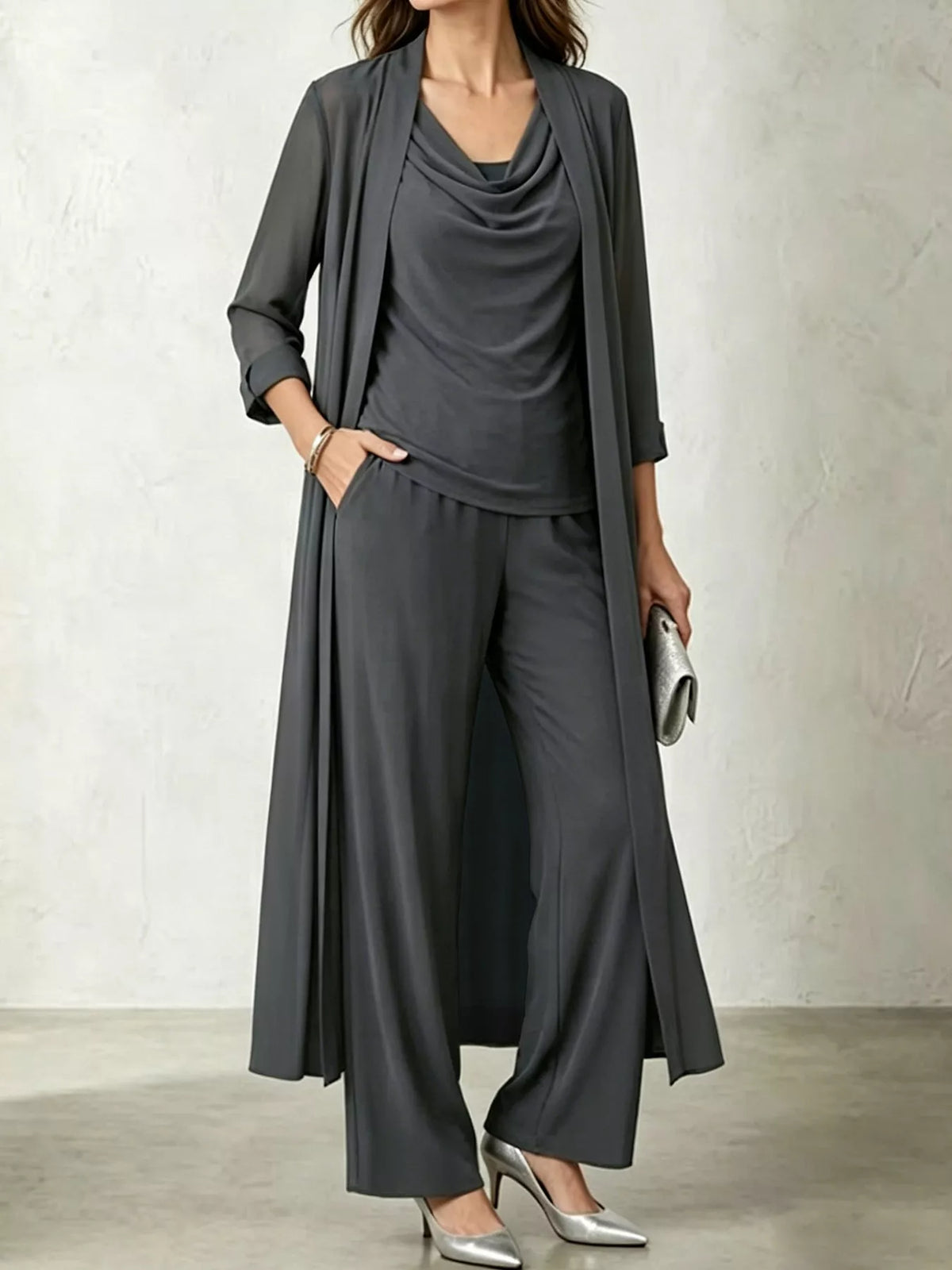 Cowl Neck Top, Cardigan and Pants Set