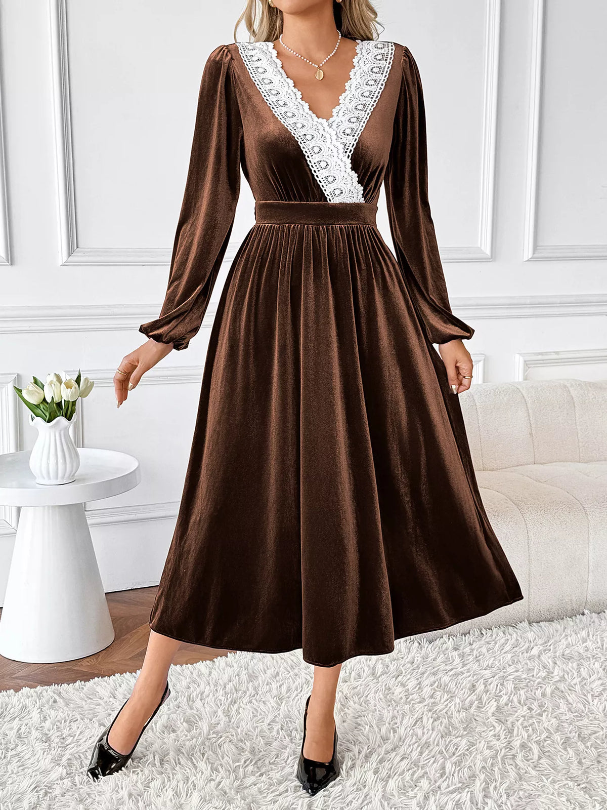 A-Line Velvet Dress with Lace Trim in Brown