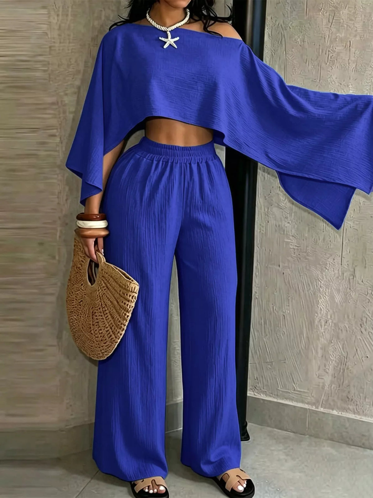 Boat Neck Crop Top and Wide-Leg Pants Set