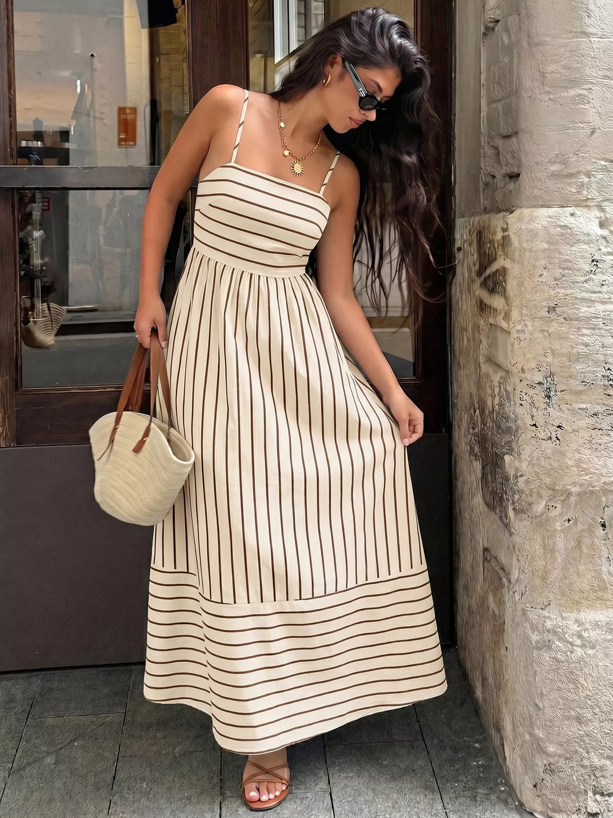 Striped Spaghetti Strap Maxi Dress with Cutout