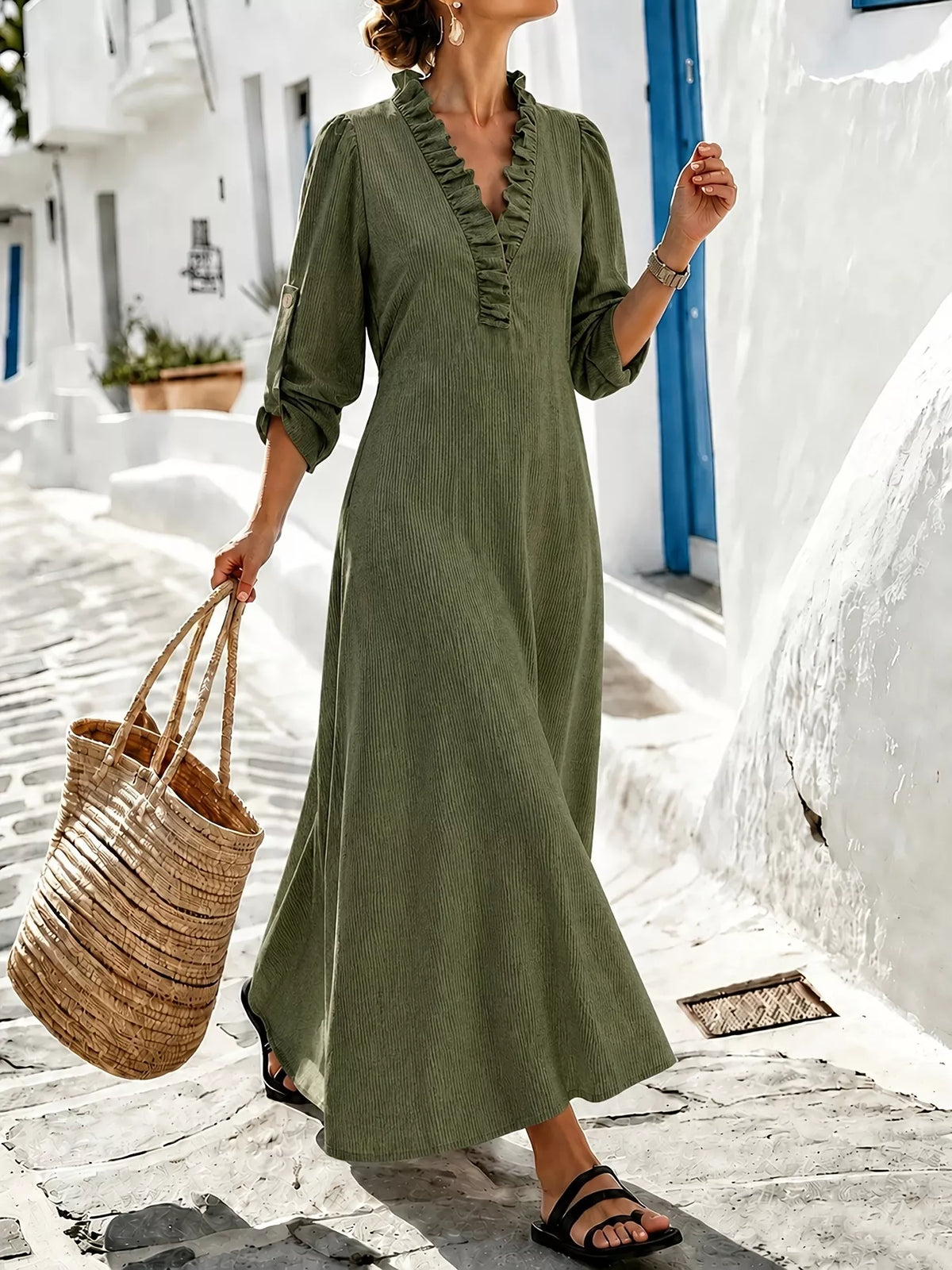 V-Neck Ruffled Maxi Dress with Roll-Up Sleeves