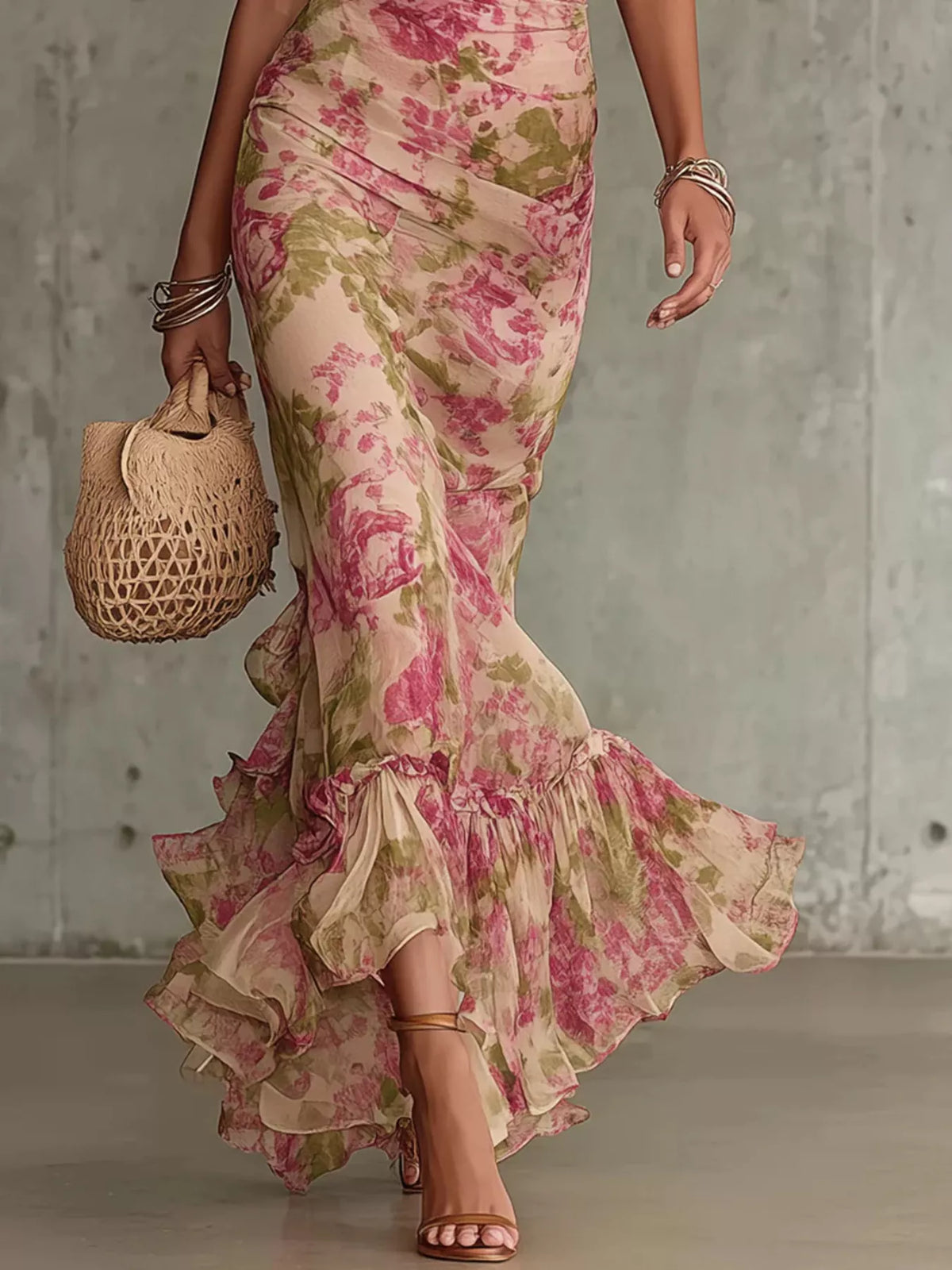 Floral High-Neck Puff Sleeve Maxi Dress