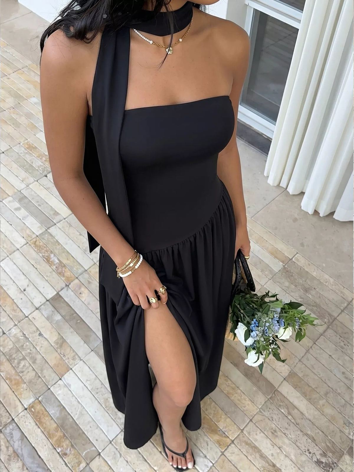 Slit Tube Maxi Dress with Scarf in Black