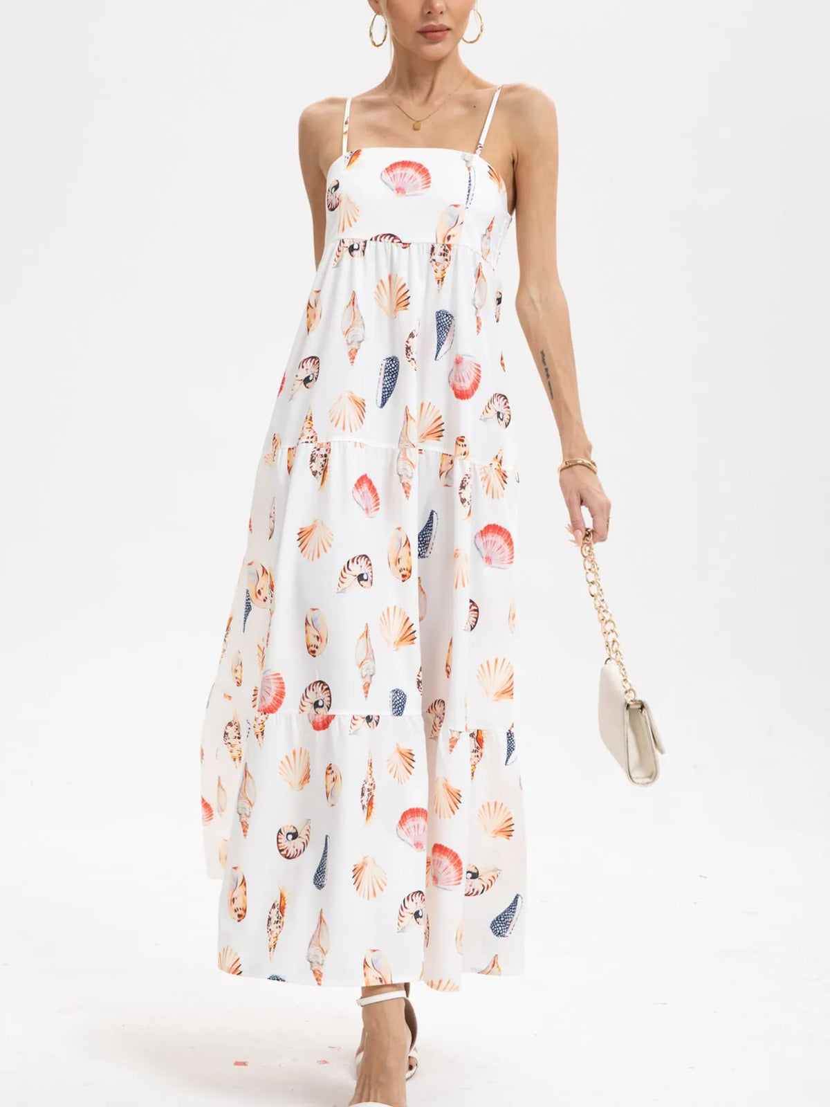 Printed Square Neck Cami Maxi Dress in White