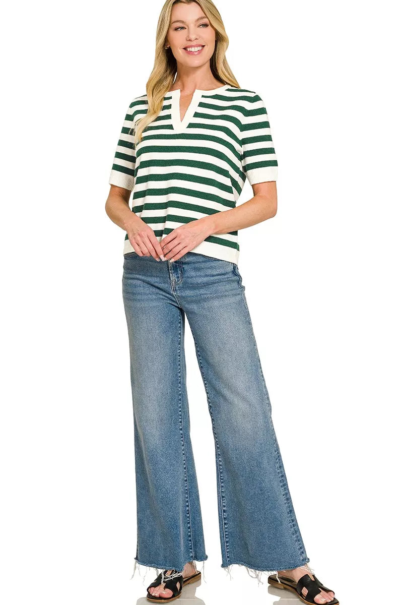 Zenana Split Neck Striped Sweater in Hunter Green