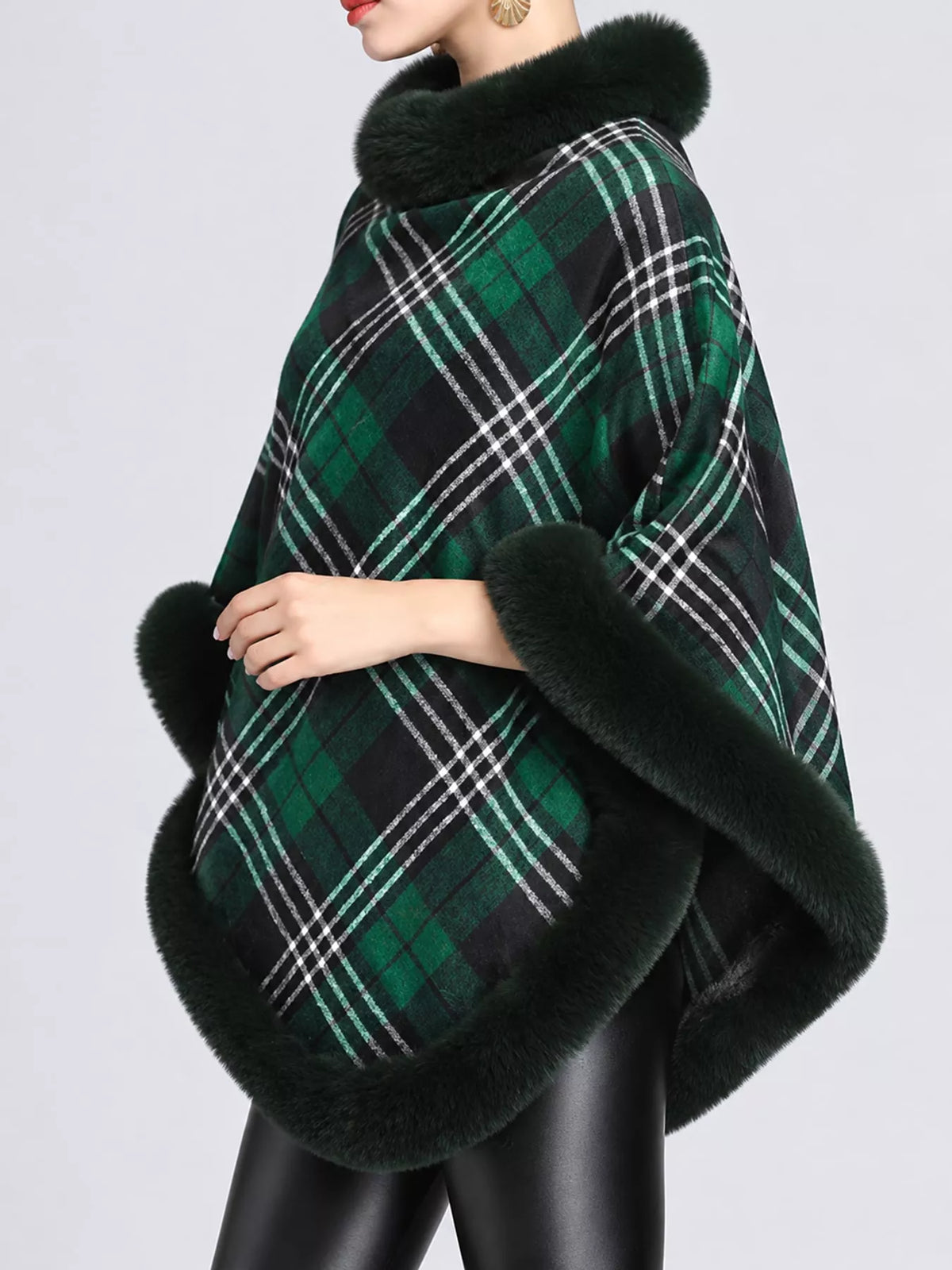 Plaid Faux Fur Trim Poncho Cape