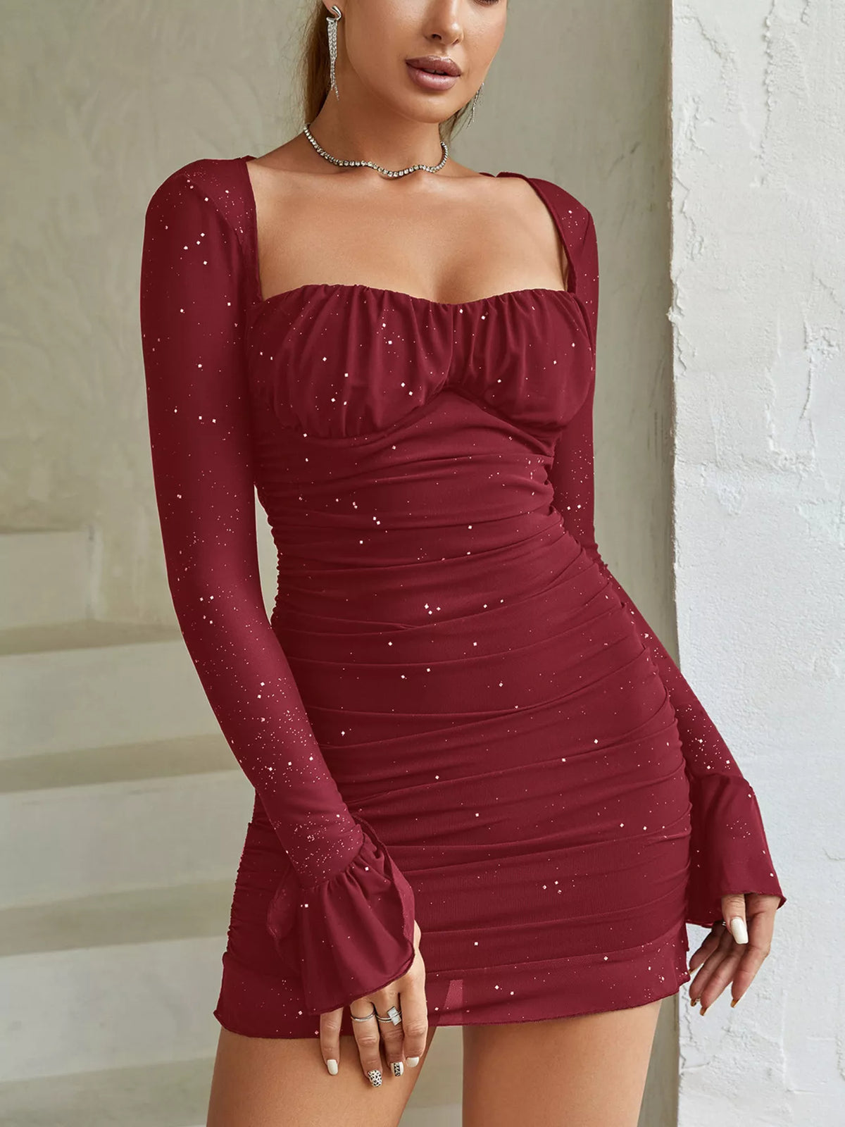 Ruched Glitter Mesh Bodycon Mini Dress