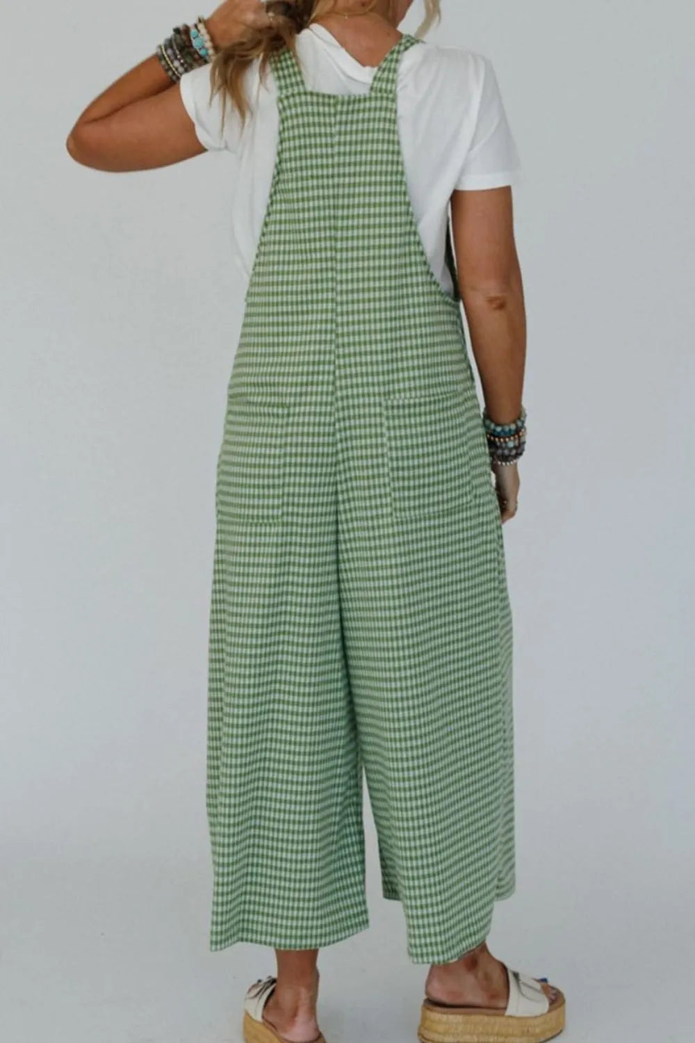 Gingham Wide-Leg Overalls in Lime