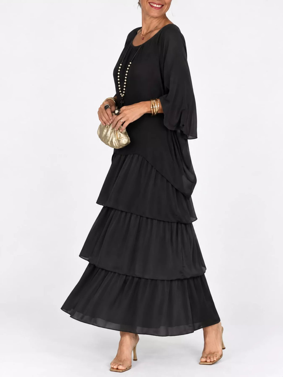 Layered Batwing-Sleeve Tiered Maxi Dress