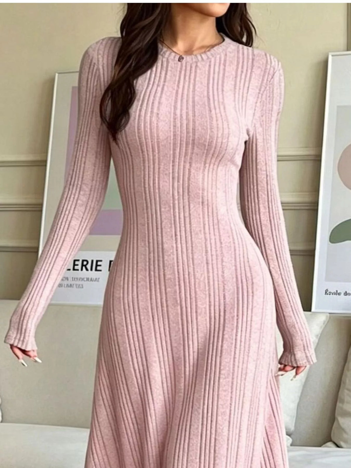 Ribbed Knit Long-Sleeve Dress